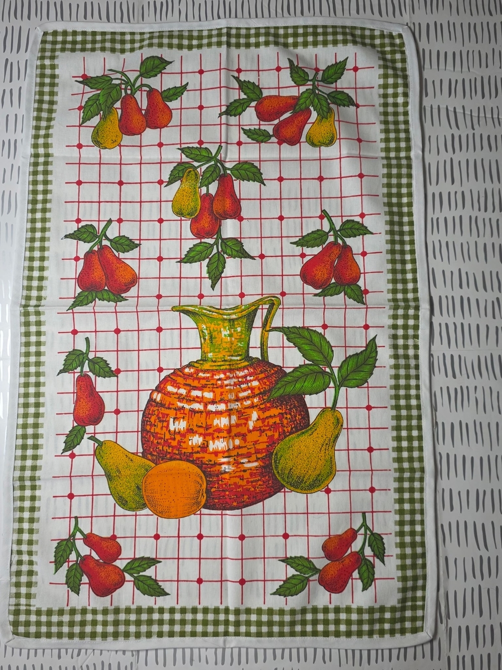 Vintage Kitchen Tea Towel Pitcher Pears Orange Grid 1970s